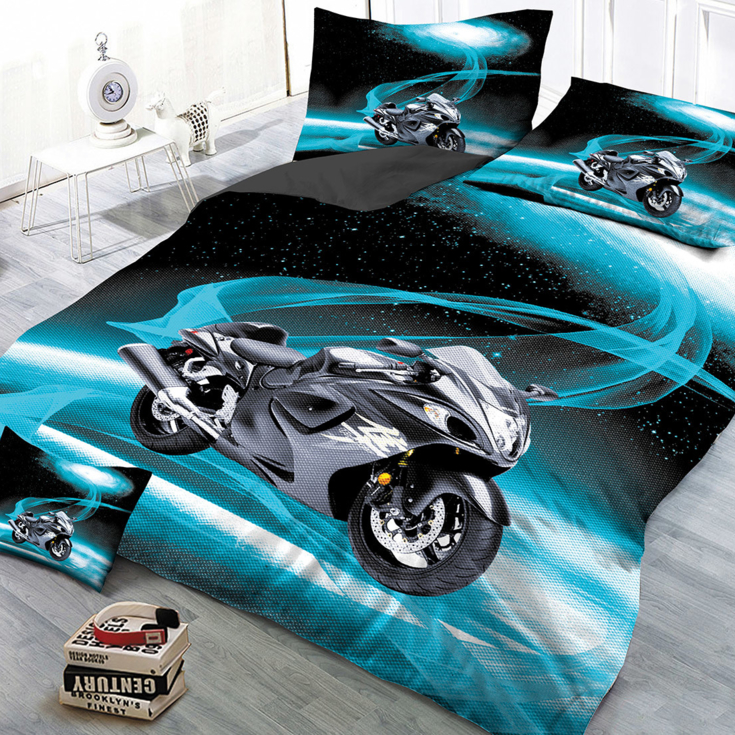 3D EFEKT povlečení  MOTORKA MODRÁ 140x200 + 70x90