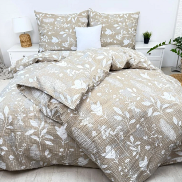 Krepové povlečení LÍSTEK BÉŽOVÝ 70x90 /140x220